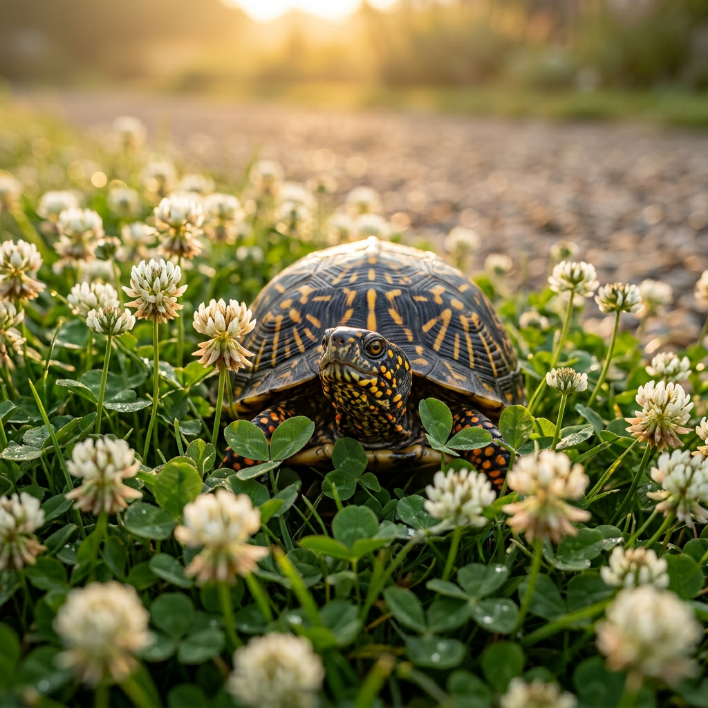 Turtle walking on stone path surrounded by garden plants at sunrise