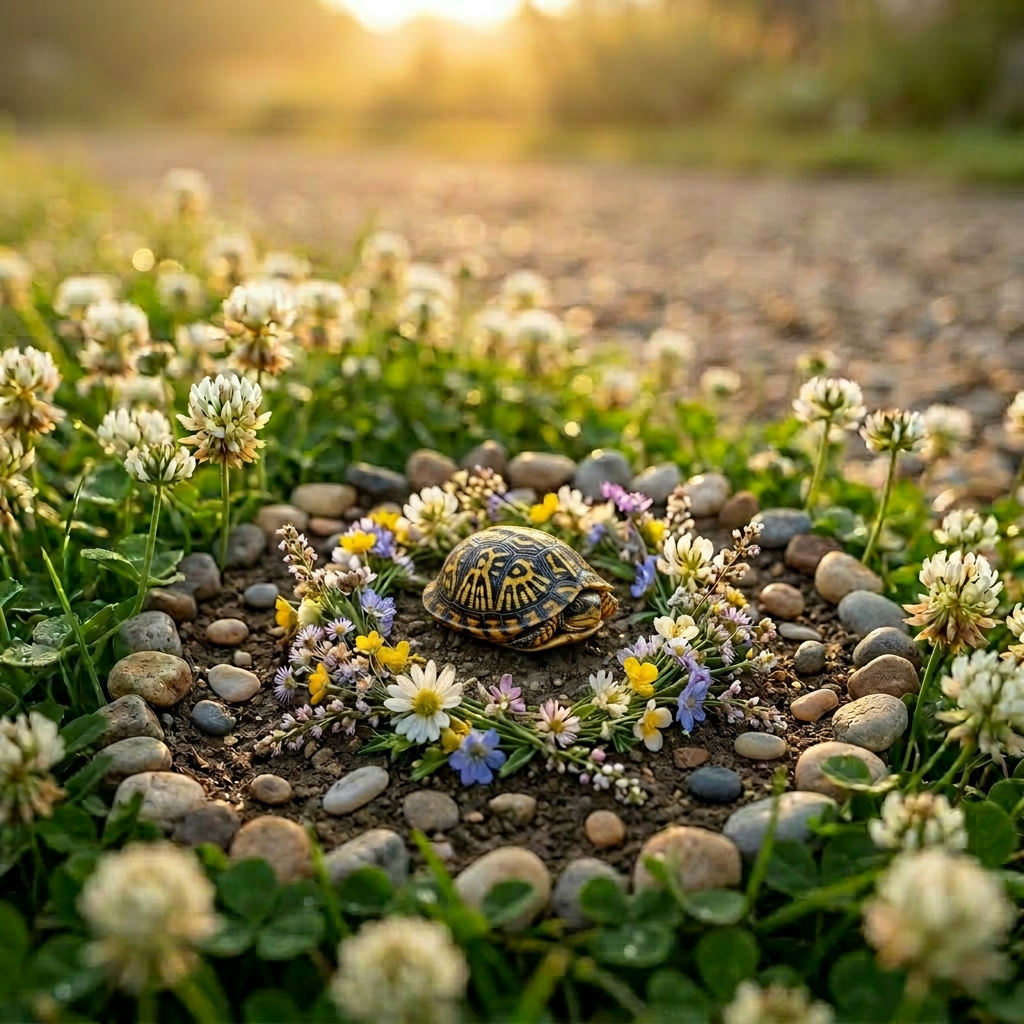 Turtle on garden stone path at sunrise Turtle walking on stone path surrounded by garden plants at sunrise