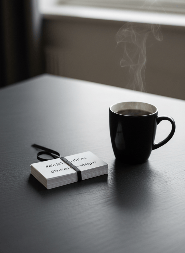 A stack of small, neatly trimmed index cards tied with a thin black ribbon sits centered on a smooth, slate-gray tabletop. Each card bears a single, punchy line of printed flash fiction, the top card slightly askew so part of the next line below can be glimpsed. A simple black ceramic mug of coffee, almost full, rests nearby with faint steam rising, its reflection subtle on the tabletop. Overcast daylight streams from an unseen window, creating soft, even illumination and nearly shadowless clarity. Photographed from a slightly elevated angle with crisp focus on the text, the background falls into gentle blur, lending a focused, professional atmosphere. The overall mood is disciplined yet creative, highlighting the brevity and precision of microfiction in a realistic, minimalist style.