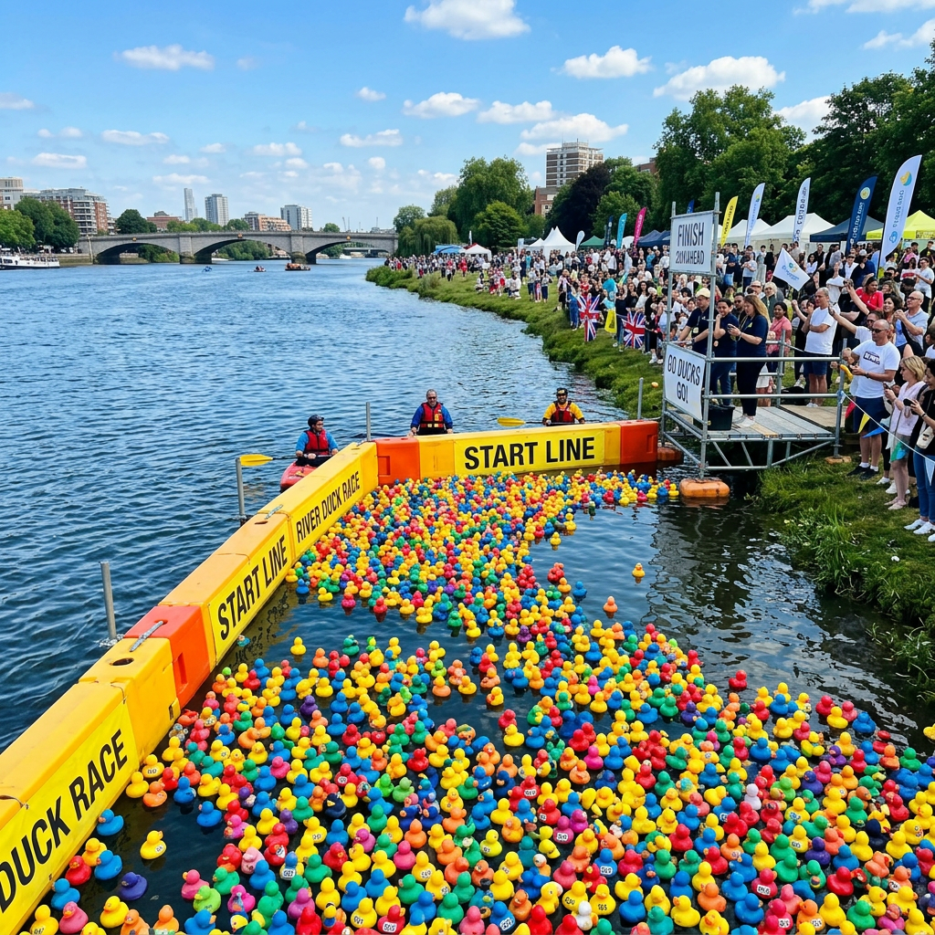 Hundreds of multicolored rubber ducks crowded at the start line on a river with people watching from the riverbank