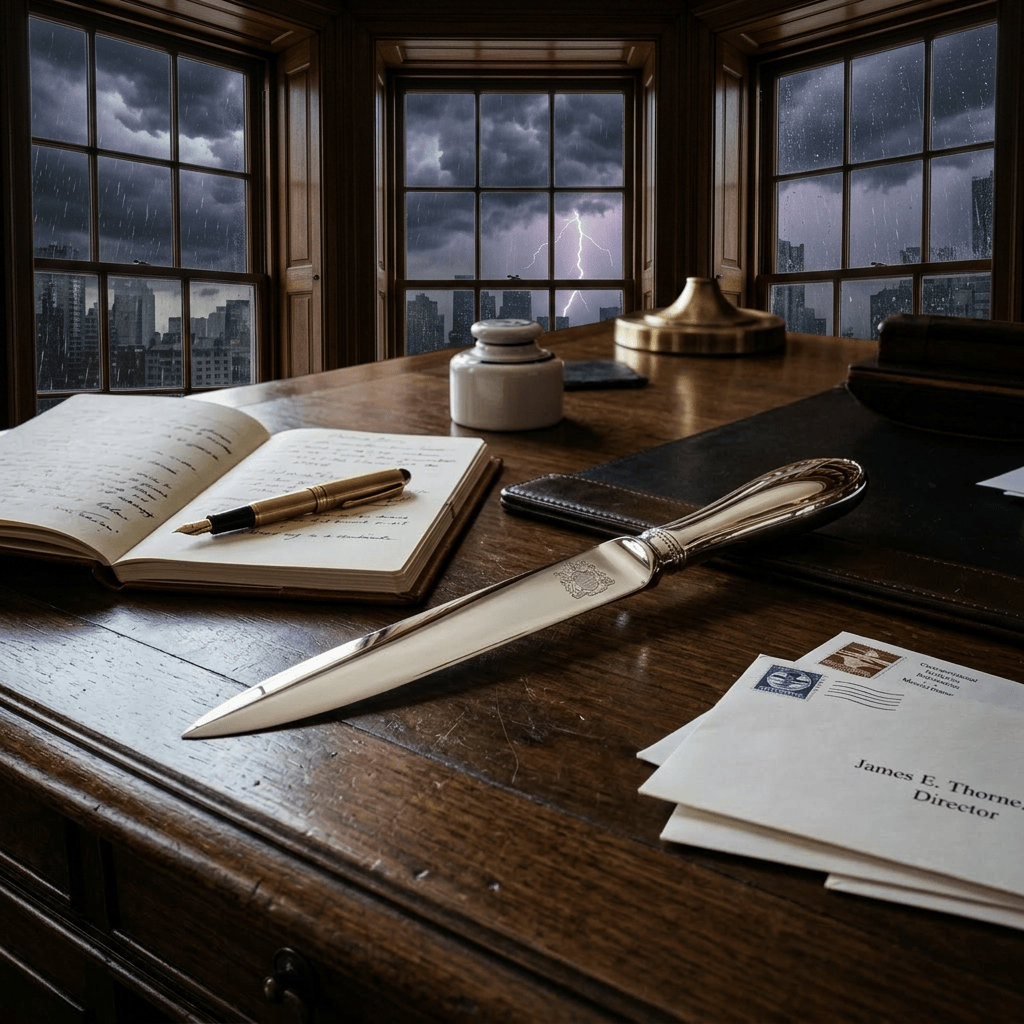 Desk with open notebook, fountain pen, silver letter opener, ink bottle, and letters