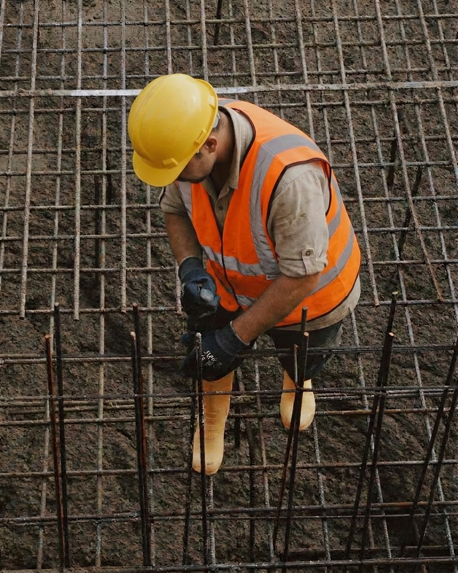 construction worker securing reinforcement steel