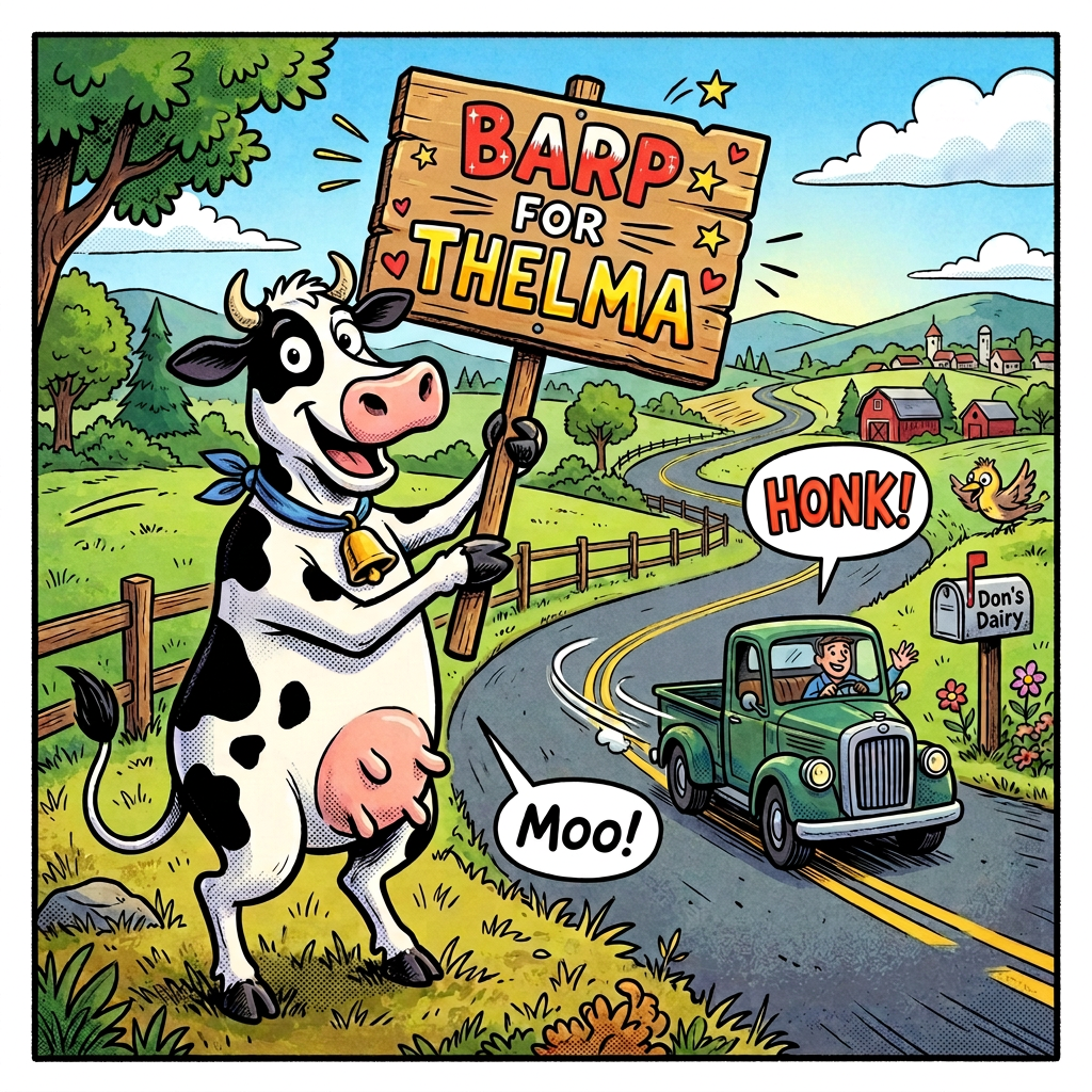 Cartoon cow holding “TOOT FOR THELMA” sign beside road; text reads “HONK!”, “TOOT! TOOT!”, “Moo!”, and “THELMA’S FARM.”
