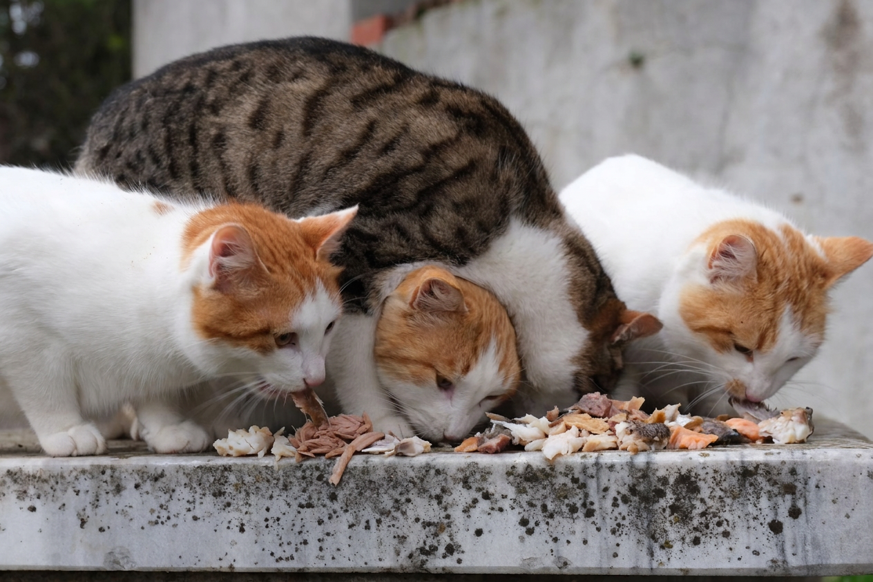 four domestic cats eating together outdoors